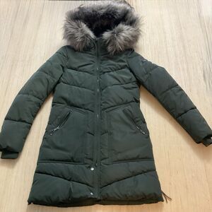 ONLY Olluna Quilted Dark Green Coat Long Hooded Faux Fur Size XS